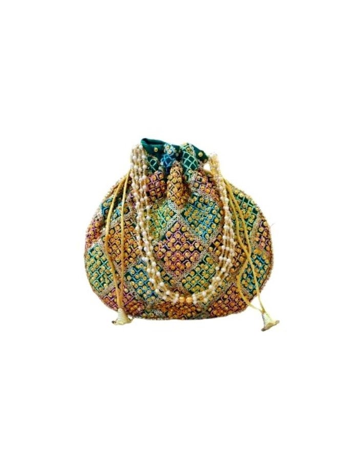 SuneshCreation Pearl Handle Vintage Floral Knitted Drawstring Potli Bag,Multicolour Pattern, Casual Style,Evening Wedding Party Festival Purse (green) - Image 1